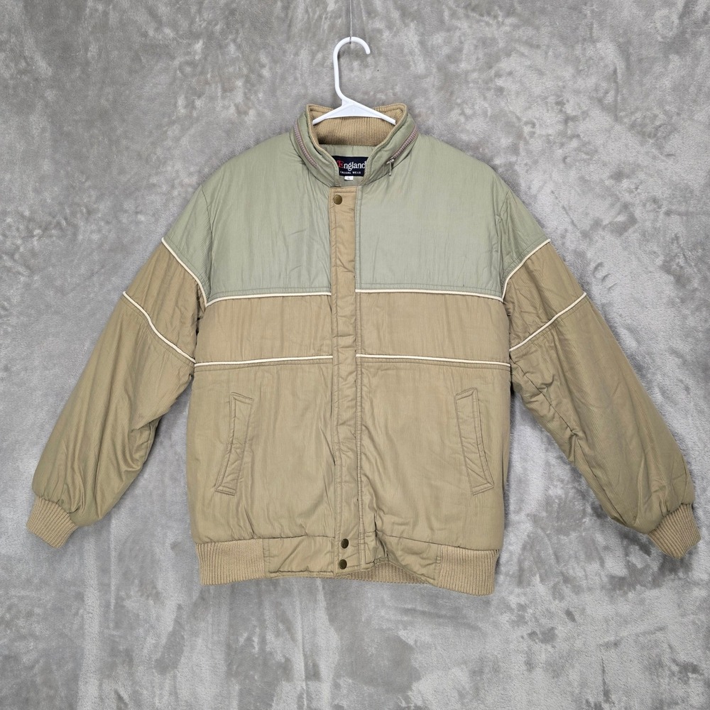 Vintage England Casual Wear Jacket Mens Large Beige Green Lined Hooded